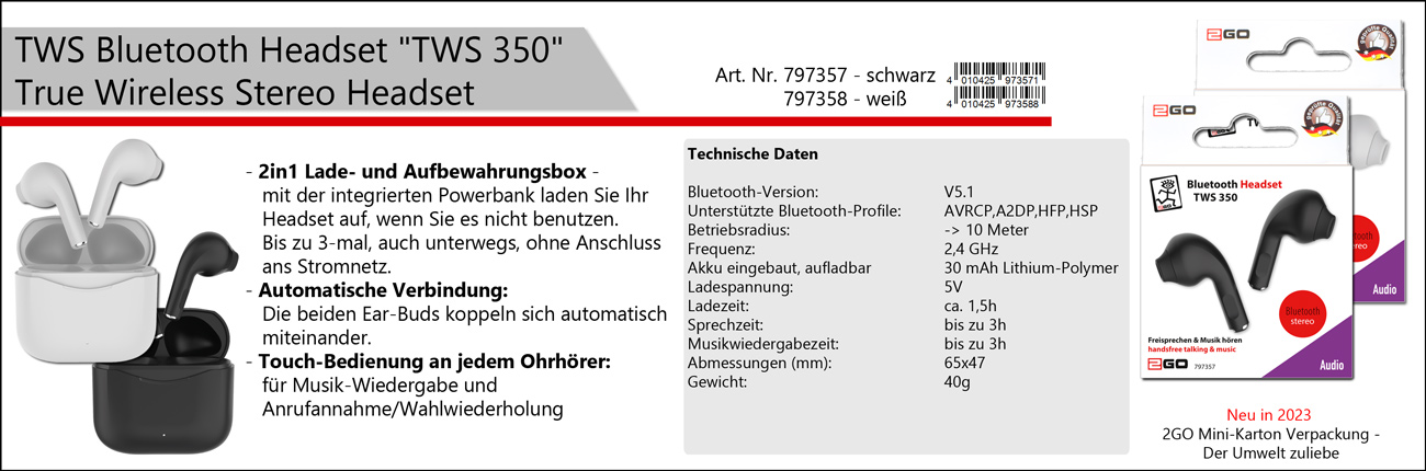 2GO Bluetooth Headset TWS 350 schwarz - 797357
